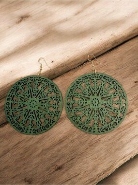 Green Wood Hoop Earrings New